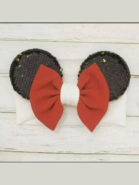Minnie Ears Girls Headband Hairwrap Sequin Fabric Stretch Hair Accessory Bow NEW
